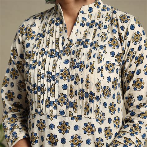Beige Block Print Natural Dyed Cotton Straight Ajrakh Long Kurta