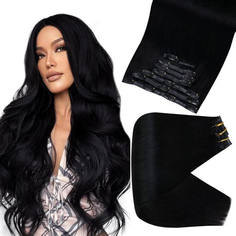 Amazon.com : Full Shine Human Hair Clip in Extensions Jet Black Pu Clip ...