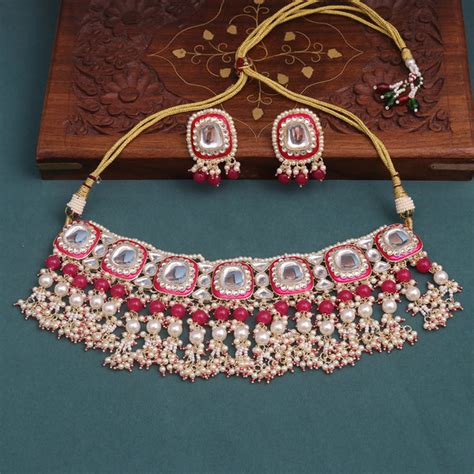 Sukkhi Pink Gold Plated Kundan & Pearl Choker Necklace Set For Women ...