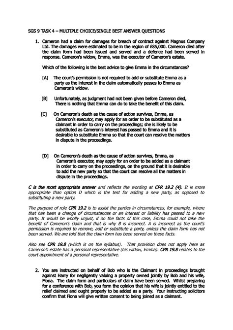 Task 4 MCQs SBAs answers - SGS 9 TASK 4 – MULTIPLE CHOICE/SINGLE BEST ...