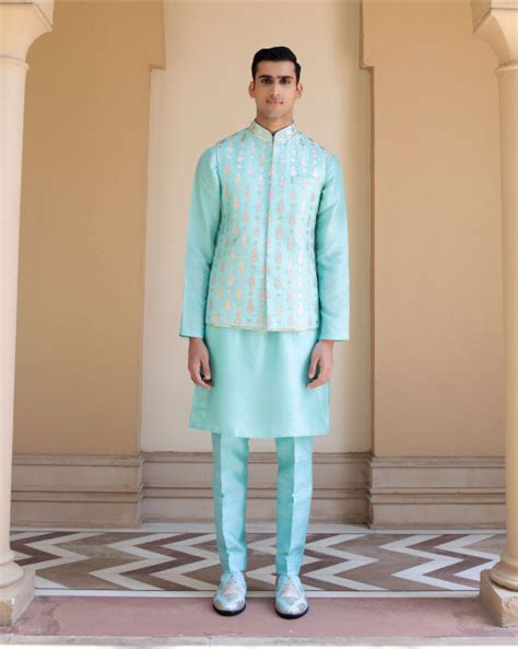 Buy Light Blue Raw Silk Kane Bandi Set for Men