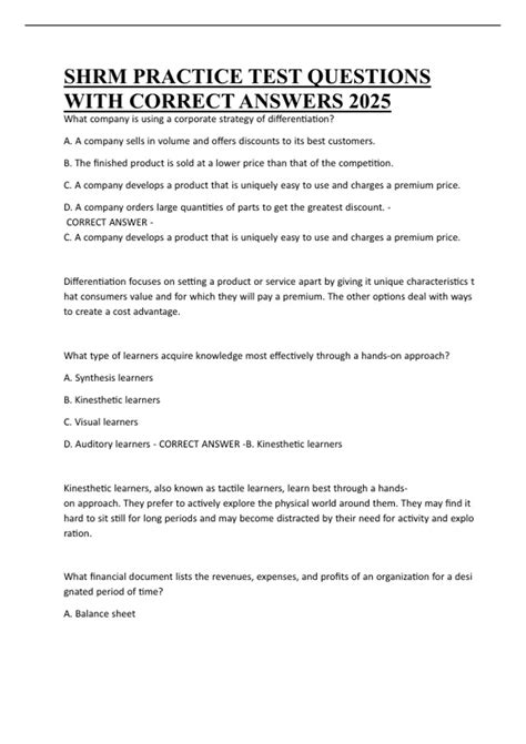SHRM PRACTICE TEST QUESTIONS WITH CORRECT ANSWERS 2025 - PSC Finance ...