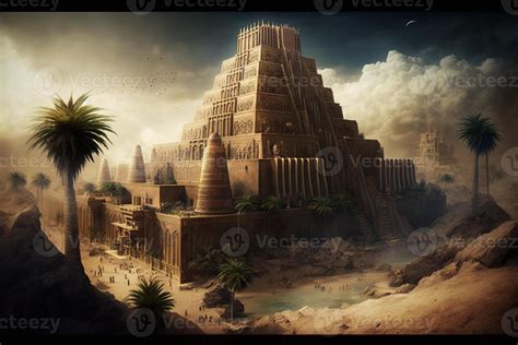 Ancient city of Babylon with the tower of Babel, bible and religion ...