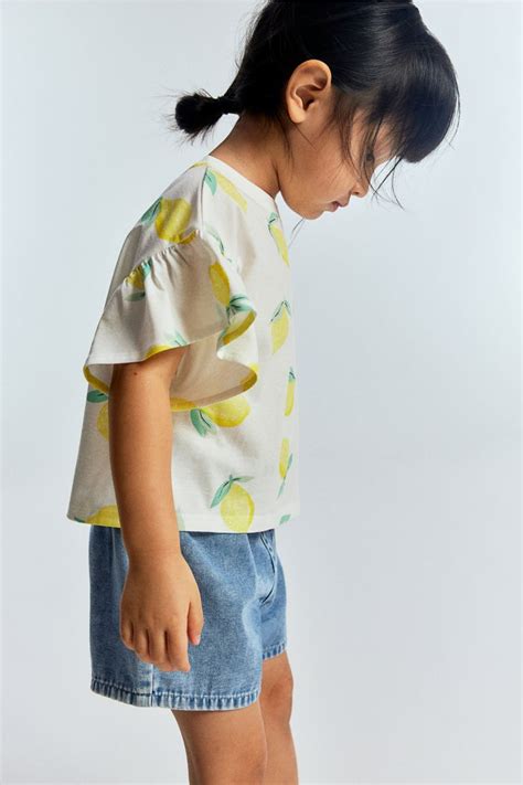Flounce-sleeved jersey top - White/Lemons - Kids | H&M IN