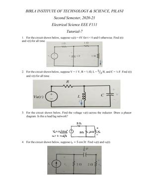 Tutorial Sheet 5 - Electrical Sciences EEE111 - BITS Pilani - Studocu