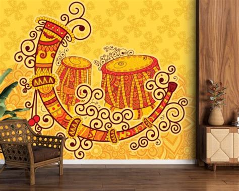 Indian Musical Instruments in Indian Art Style Wallpaper for Wall ...