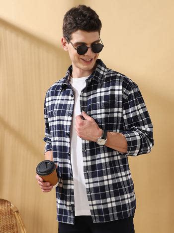 Men Navy Relaxed Fit Flannel Checks Spread Collar Casual Shirt – DENNIS ...