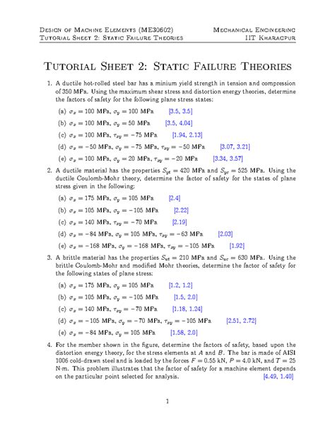 Design of Machine Elements (ME30602) Tutorial Sheet 2: Static Failure ...