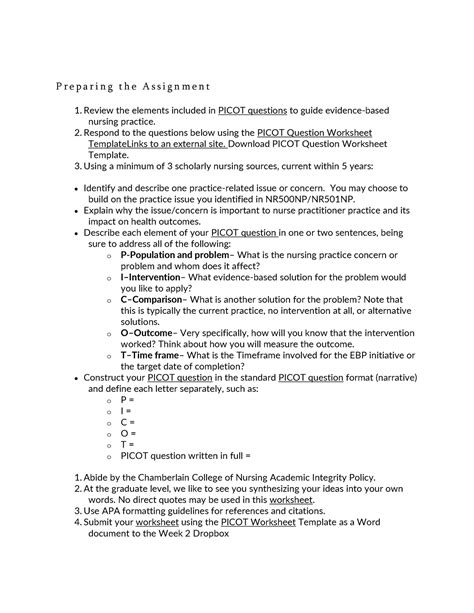 Image result for Picot Question Worksheet