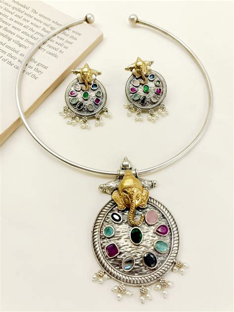 Trilochana Multi Colour Ganesh Ji Oxidized Hasli Style Necklace Set – AG'S