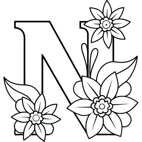 Alphabet N coloring page with the flower, N letter digital outline ...