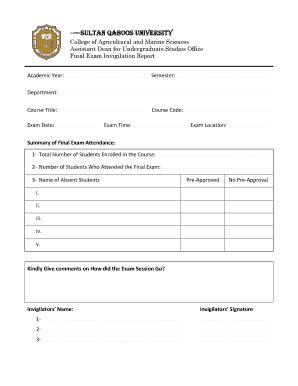 Fillable Online Final Exam Invigilation Report - Sultan Qaboos ...