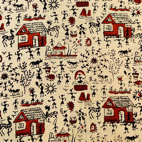 Pure Cotton Cream With Maroon Warli Village Screen Print blouse Fabric ...