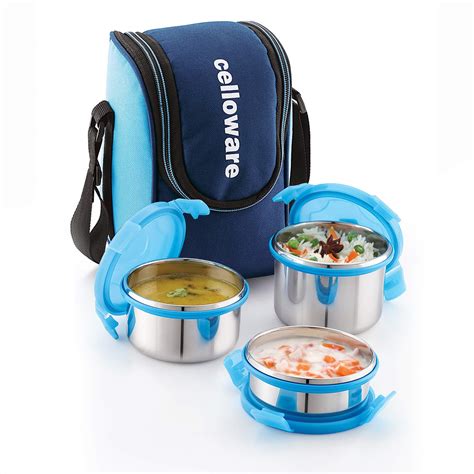 Buy CELLO MF Prime Lunch Box with Stainless Steel Inner, 3 Units, Blue ...