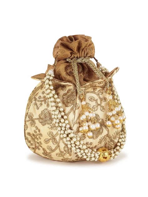 Anekaant Gold Lotus Faux Silk Floral Embroidered Potli