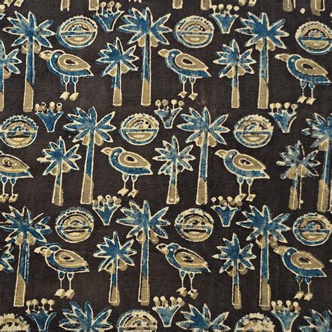Pure Cotton Ajrak Sandy Brown With Rust Blue Coconut Tree Farm Hand Bl ...