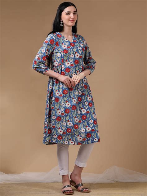 Shop Blue 3/4th Sleeve Block Print A-Line Dress Online – Hassu's