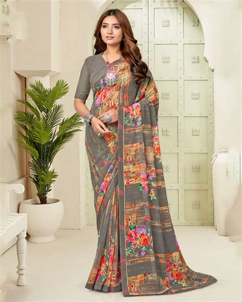 Vishal Prints Grey Digital Print Georgette Saree With Fancy Border