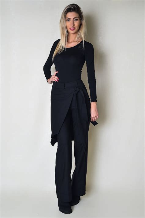 Black Straight Women Trousers With Cape Skirt, Fine Material, Business ...