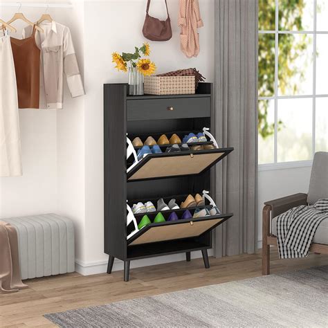 Goujxcy Rattan Shoe Cabinet with 2 Flip Drawers, | Ubuy India