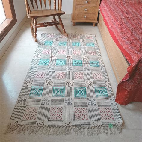 Geometric Floral Block Printed Cotton Dhurrie Rug | Handwoven Area Rug