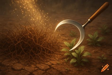 A sickle over cracked earth with tangled roots, small green plants, and golden shimmering ...