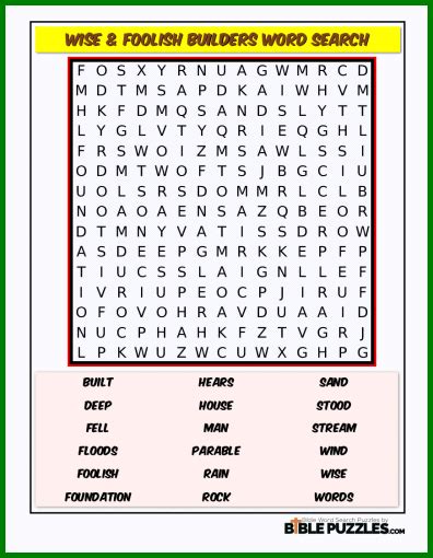 Wise & Foolish Builders Bible Word Search Puzzle | BiblePuzzles.com