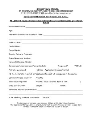 Fillable Online notice of interment (not a woodland burial) Fax Email ...