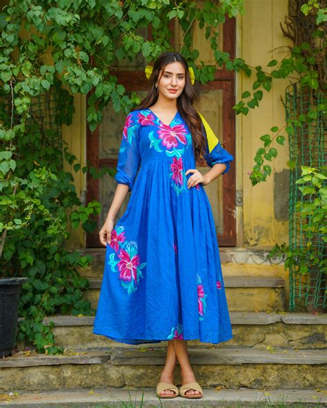 Blue Handpainted Floral Dress – Ambraee