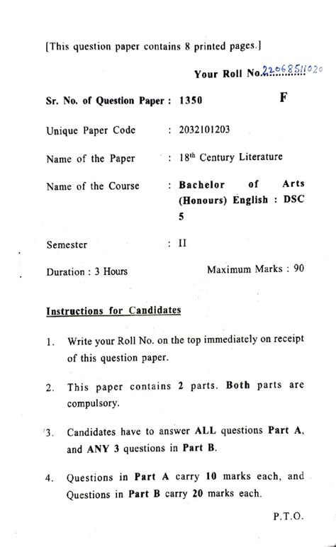 UPD - 2032101203 BAH SEM 2 - 18TH CENTURY LITERATURE EXAM PAPER - Studocu