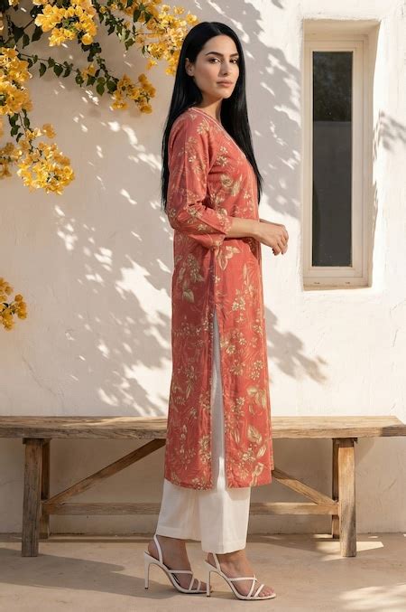 Rust Printed Calf Length Casual Women Straight Fit Kurtas - Selling ...