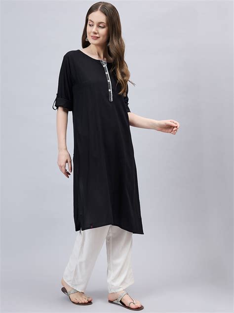 Casual Wear—Black Round Neck Straight Fit Rayon Kurti – The Pajama Factory