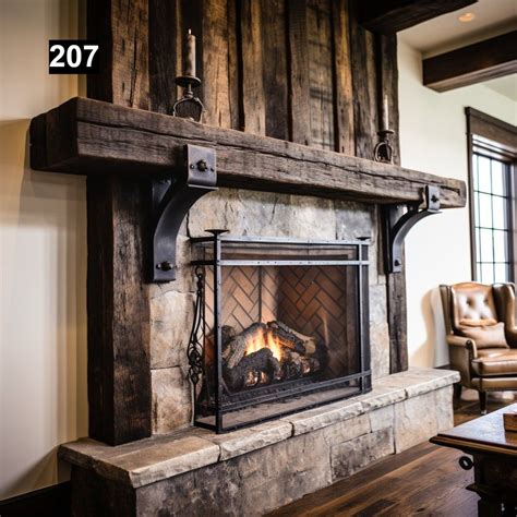 Warm Looking Reclaimed Wood Beam Fireplace Mantel With Iron Corbels ...