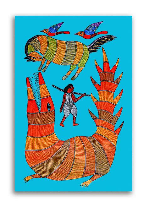 Tamatina Gond Art Canvas Painting | Red Crocodile | Traditional Art ...