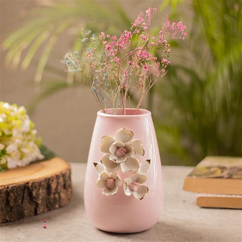 Pink Ceramic Vase - Engraved Floral & Ribbed Pattern, Flower Holder ...