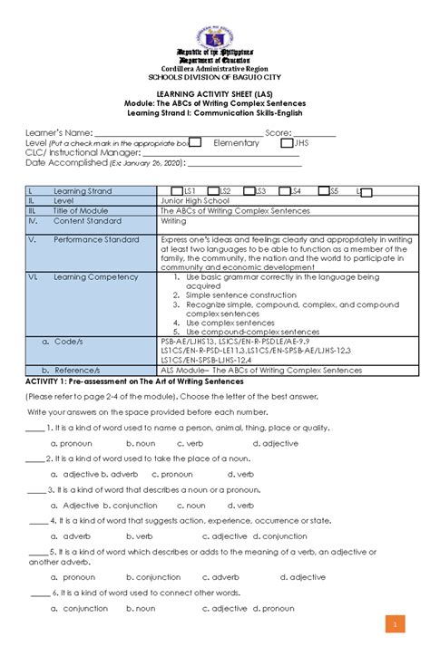 Answer Sheet ABCS of Writing Complex Sentence - Republic of the ...