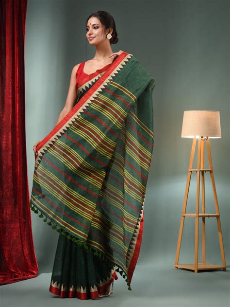 Forest Green Silk Linen Handwoven Saree With Temple Border – Charukriti