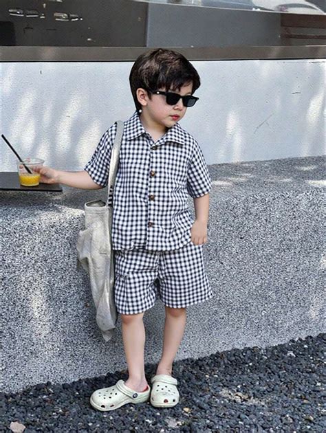 SHEIN 2pcs Set Young Boy Plaid Short Sleeve Single-Breasted Shirt And ...
