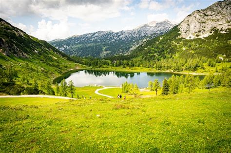 Schöne Landschaft eines grünen Tals nahe den Alpen in Österreich unter ...