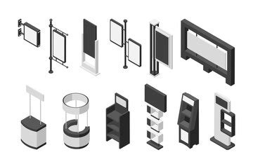 Isometric advertising stands promotional demonstration screens and ...
