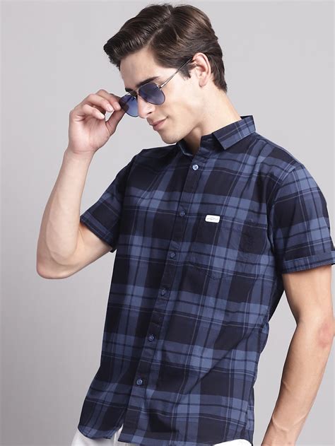 Majestic Man Cotton Casual Checkered Half Sleeve Shirt - Blue ...