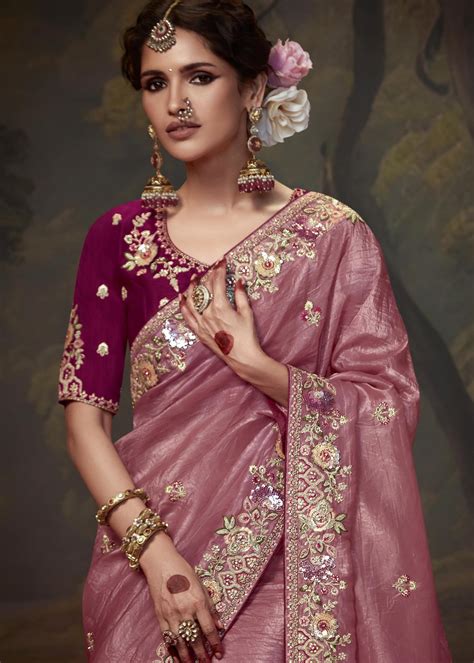 Shop Pure Crushed Tissue Silk Rose Peach Saree Online India Sale – Sunasa