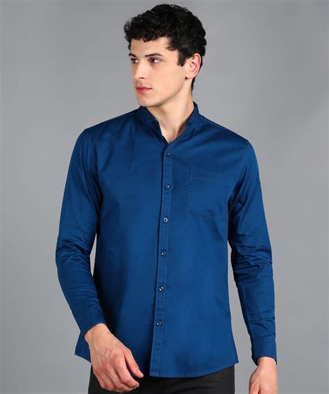 Men's Royal Blue Cotton Full Sleeve Slim Fit Solid Shirt with Mandarin ...