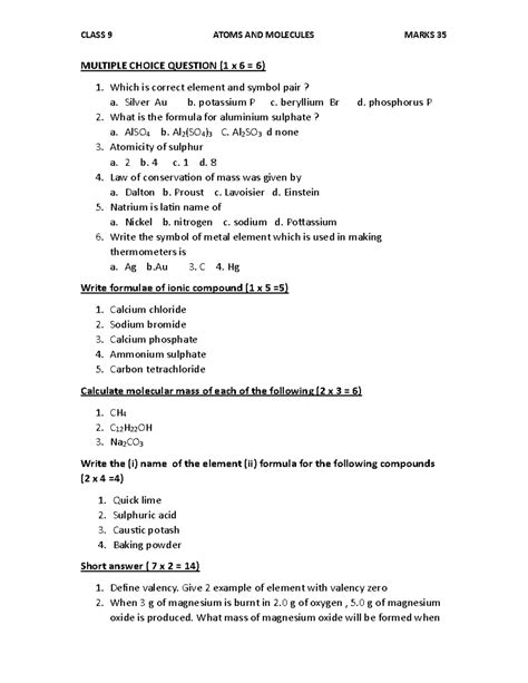 CH3 Atoms AND Molecules - CLASS 9 ATOMS AND MOLECULES MARKS 35 MULTIPLE ...