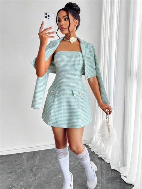 Women's Plaid Tweed A-Line Autumn And Winter Tube Dress & Crop Jacket ...
