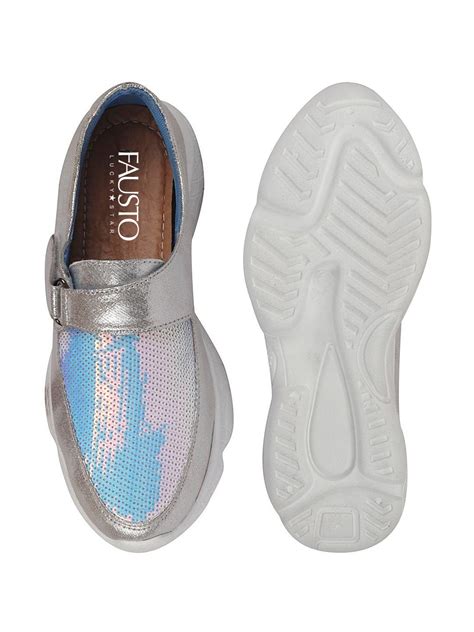 Shop Women Silver Stylish Hook & Loop Sneakers Online