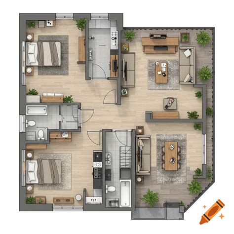 Detailed architectural floor plan rendering of a three-bedroom ...