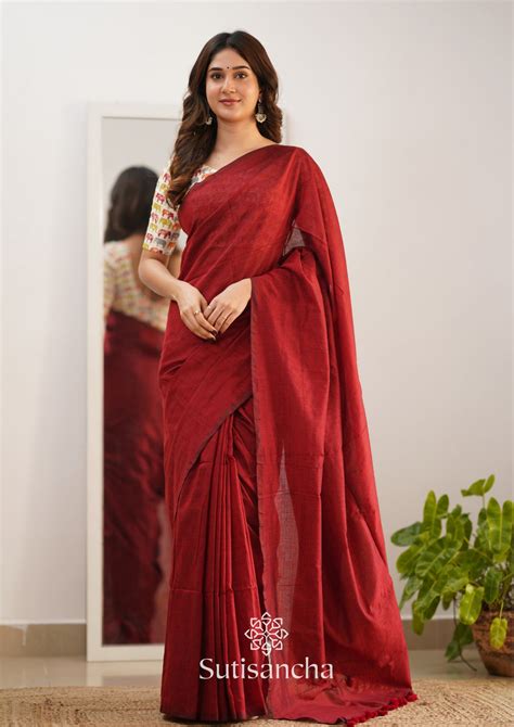 Sutisancha Cherry Maroon Handloom Cotton Saree With Blouse