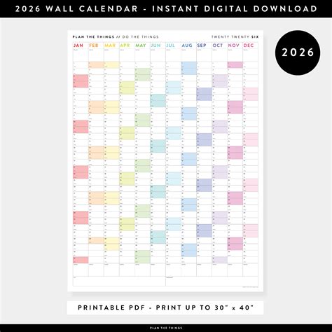 PRINTABLE VERTICAL 2026 WALL CALENDAR WITH RAINBOW WEEKENDS - INSTANT ...