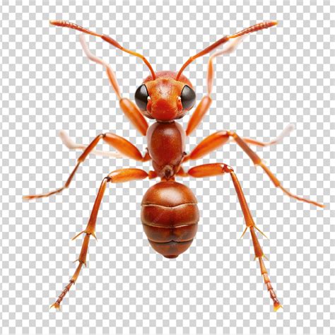 A red and black ant with large eyes and antennae on transparent ...
